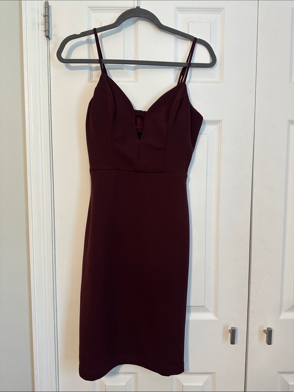 B Darlin Burgundy Midi Bodycon Dress with Spaghetti Straps